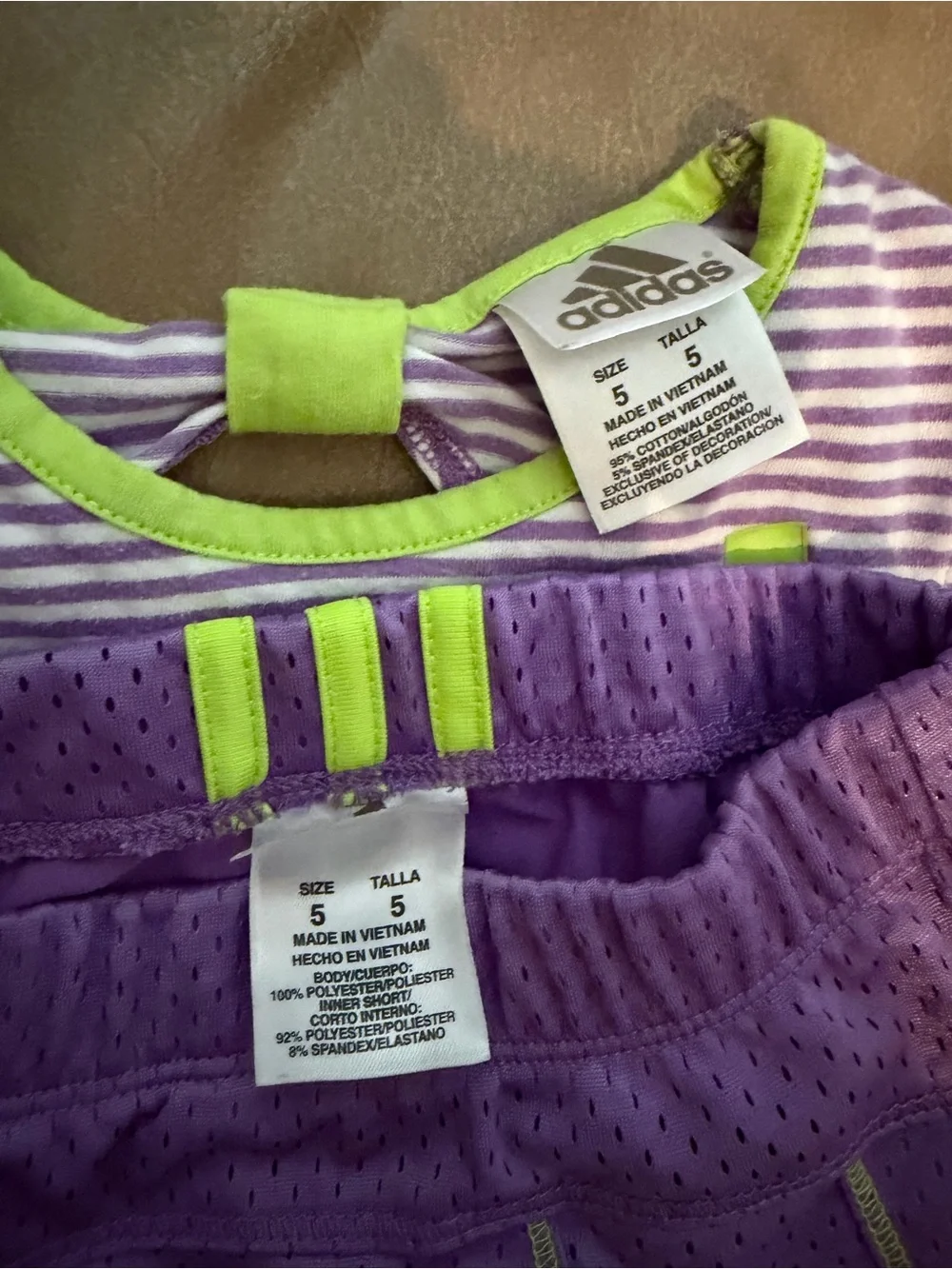 adidas Purple Stripe Tee and Mesh Skort Set with Neon Green Accents